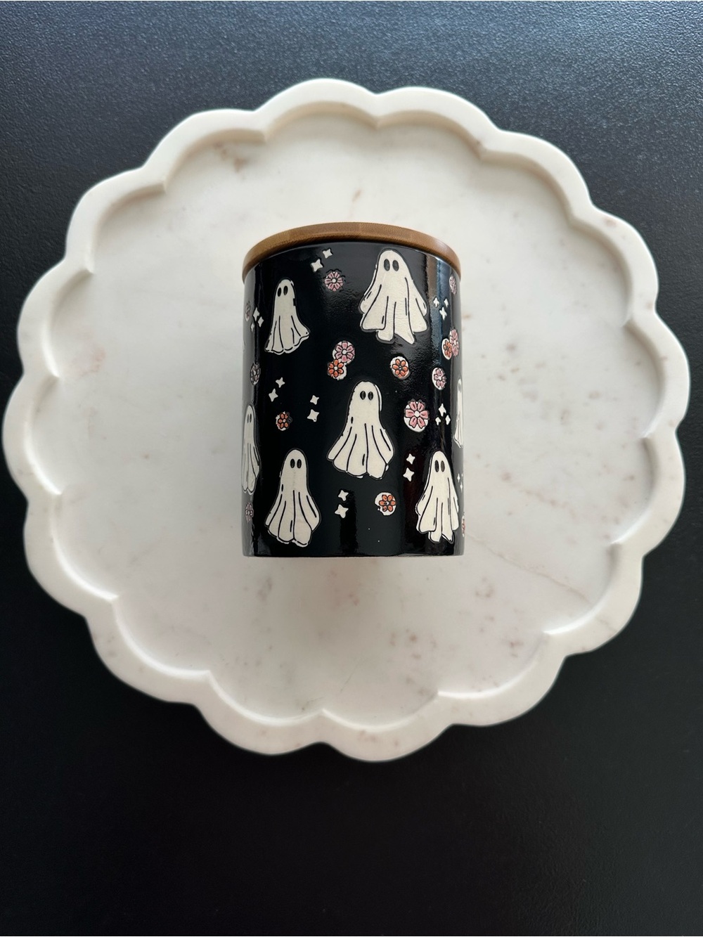 Multicolored Ghost & Flowers Patterned Storage Canister with Bamboo Lid